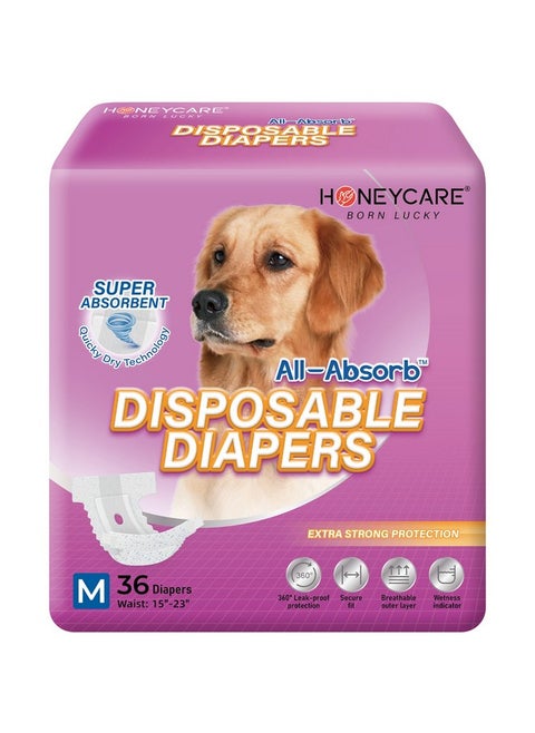 HONEY CARE All-Absorb Disposable Dog Diapers M Size, Improved Bigger Size, 36 Count, Super Absorbent, Breathable, Wetness Indicator