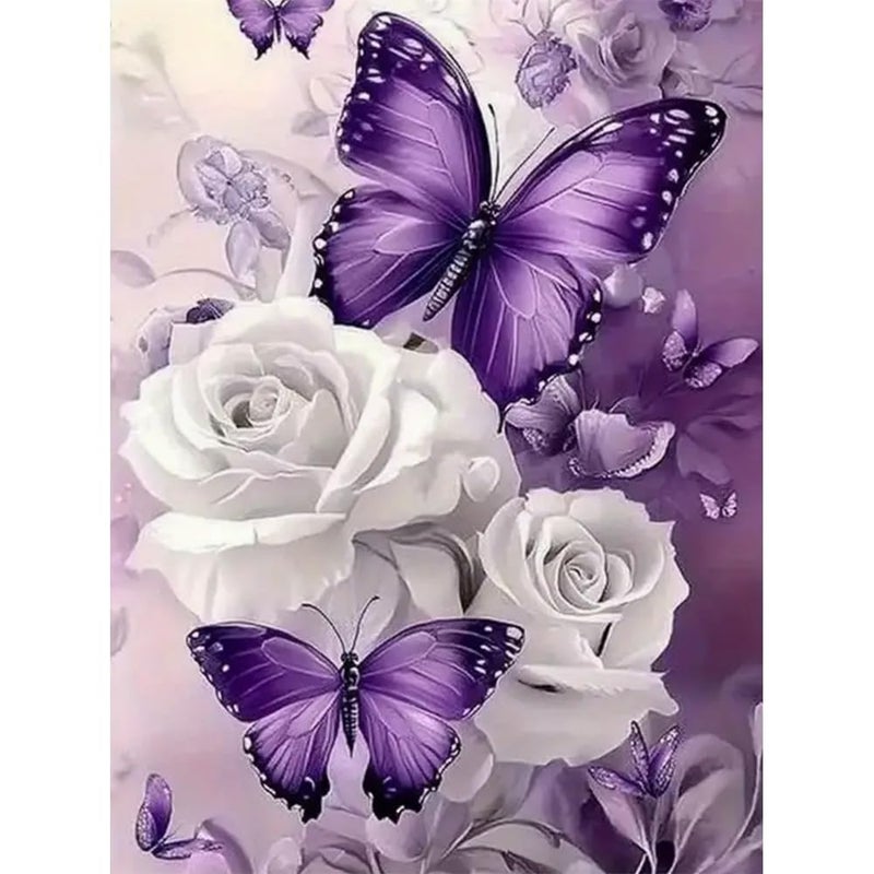 BOHADIY Butterfly Diaomnd Painting Kits for Adults DIY 5D Round Full Drill Butterfly Flowers Diamond Art Adult Diamond Painting Gem Art for Home Wall Decoration 12x16 Inch Rose - Image 1