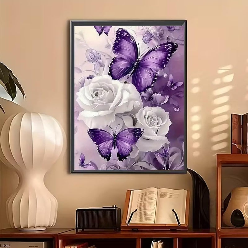 BOHADIY Butterfly Diaomnd Painting Kits for Adults DIY 5D Round Full Drill Butterfly Flowers Diamond Art Adult Diamond Painting Gem Art for Home Wall Decoration 12x16 Inch Rose - Image 2