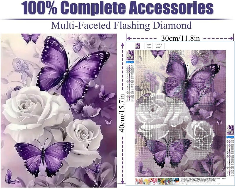 BOHADIY Butterfly Diaomnd Painting Kits for Adults DIY 5D Round Full Drill Butterfly Flowers Diamond Art Adult Diamond Painting Gem Art for Home Wall Decoration 12x16 Inch Rose - Image 5