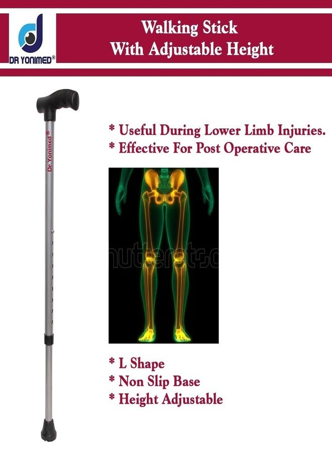 Dr Yonimed Walking Stick Premium (Silver) Height Adjustable Single Leg L-Shaped (for Men/Women/Old People/Handicap Person) Made of Alloy Steel (Light Weight) - Image 2