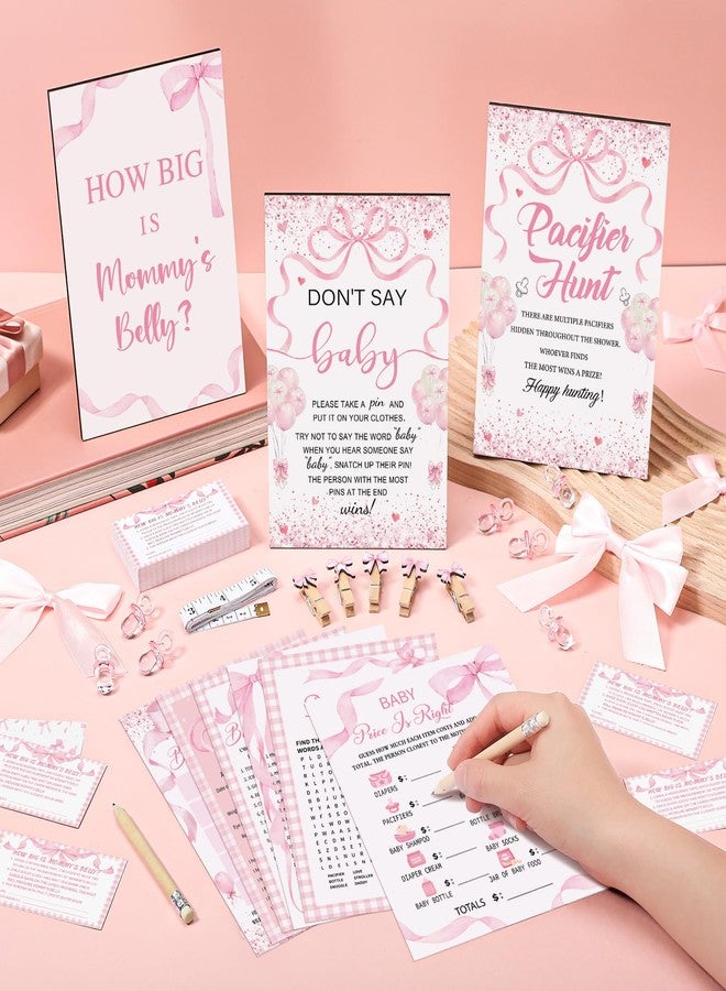 شير مجموعة ألعاب حفل استقبال المولود الجديد من شير، 476 قطعة، تتضمن 6 مجموعات من بطاقات الأنشطة، وبطاقات أنشطة، ولعبة البحث عن اللهايات (50 لهاية)، ولافتة "كم حجم بطن الأم؟" (50 بطاقة تخمين)، وشريطين قياس، ولافتة "لا تقل طفل" (50 مشبك غسيل). - Image 2