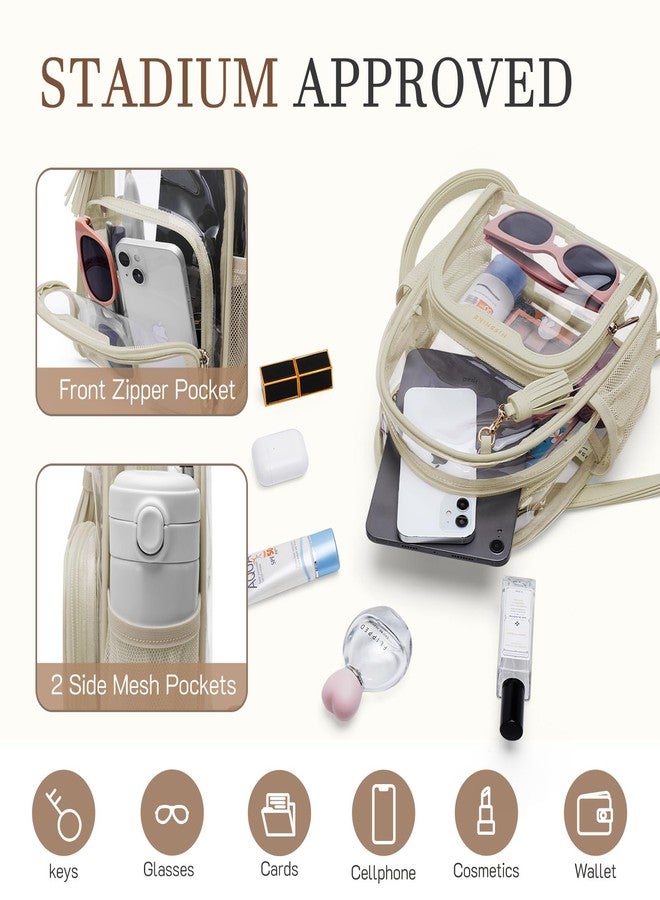 Missnine Small Clear Backpack Stadium Approved, Thick PVC Mini Clear Bag with Leather Trim for Sports Event, Concert, Festival, Tan - Image 3
