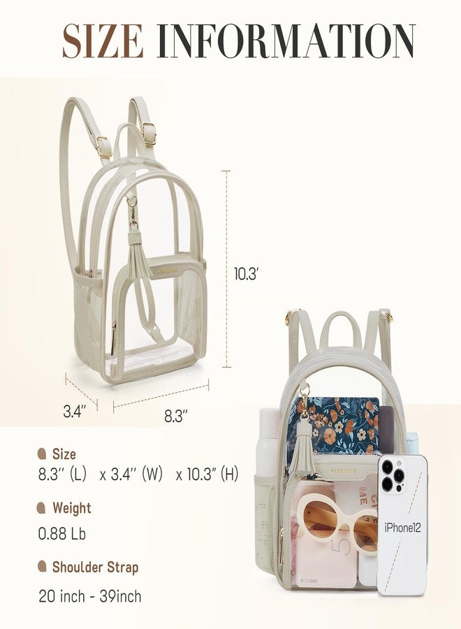 Missnine Small Clear Backpack Stadium Approved, Thick PVC Mini Clear Bag with Leather Trim for Sports Event, Concert, Festival, Tan - Image 2