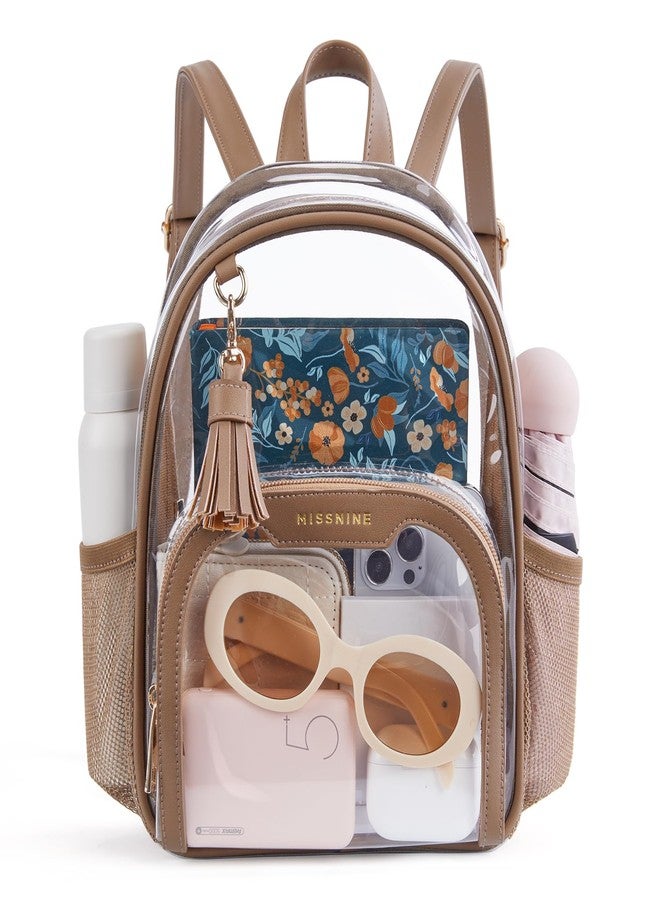 Missnine Small Clear Backpack Stadium Approved, Thick PVC Mini Clear Bag with Leather Trim for Sports Event, Concert, Festival, Tan - Image 1