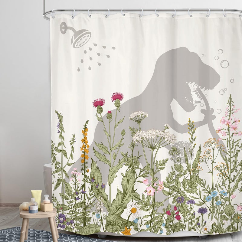 LGhtyro Wildflower Dinosaur Kids Shower Curtain Bathroom Set 71Wx71H Inches Funny Dino Silhouette Floral Rustic Plant Leaves Botanical Bath Accessories for Boys Art Home Decor Fabric 12 Pack Hooks - Image 3