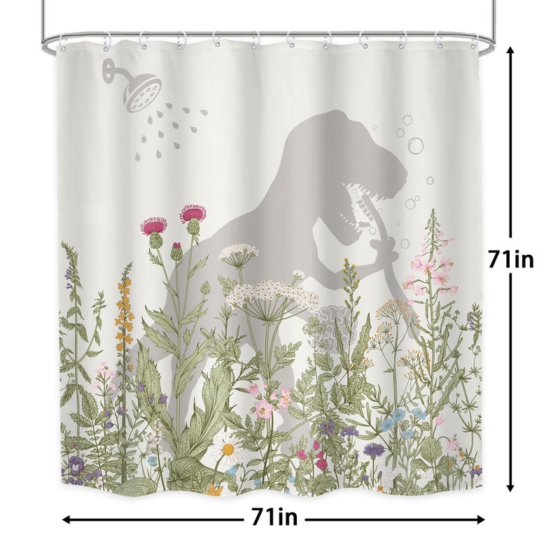 LGhtyro Wildflower Dinosaur Kids Shower Curtain Bathroom Set 71Wx71H Inches Funny Dino Silhouette Floral Rustic Plant Leaves Botanical Bath Accessories for Boys Art Home Decor Fabric 12 Pack Hooks - Image 5