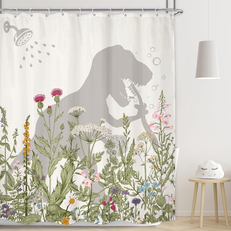 LGhtyro Wildflower Dinosaur Kids Shower Curtain Bathroom Set 71Wx71H Inches Funny Dino Silhouette Floral Rustic Plant Leaves Botanical Bath Accessories for Boys Art Home Decor Fabric 12 Pack Hooks - Image 1