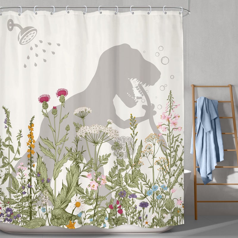 LGhtyro Wildflower Dinosaur Kids Shower Curtain Bathroom Set 71Wx71H Inches Funny Dino Silhouette Floral Rustic Plant Leaves Botanical Bath Accessories for Boys Art Home Decor Fabric 12 Pack Hooks - Image 2
