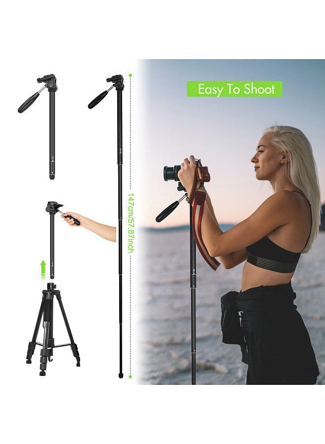 Andoer TTT-009 168CM/66.14Inch Portable Photography Tripod Monopod Camera Horizontal Tripod Stand Aluminum Alloy 360° Rotatable 5kg/11lbs Load Capacity