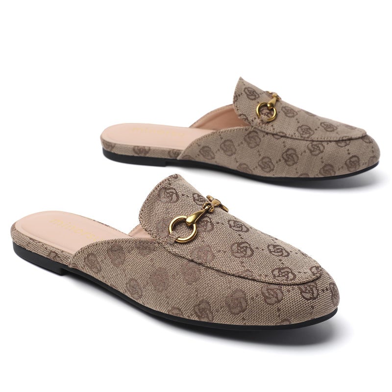 Minorsu Buckle Mules for Women Round Toe Slip On Flats Backless Slides Comfortable Shoes Ladies Loafers Khaki - Image 5