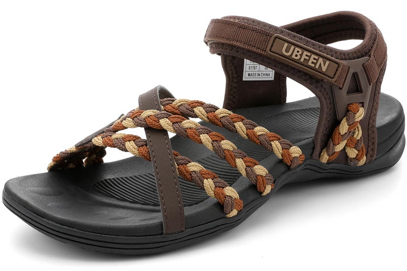 UBFEN Womens Hiking Sandals Walking Outdoor Sports Comfortable Water Sandals with Arch Support Comfortable for Beach Camping Travel Golf Brown Size US 8 - Image 1