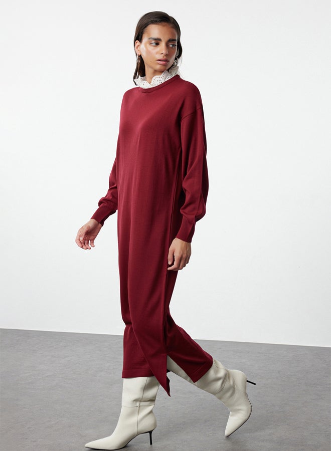 trendyol Claret Red Brode Collar Detailed Knit Dress - Image 2