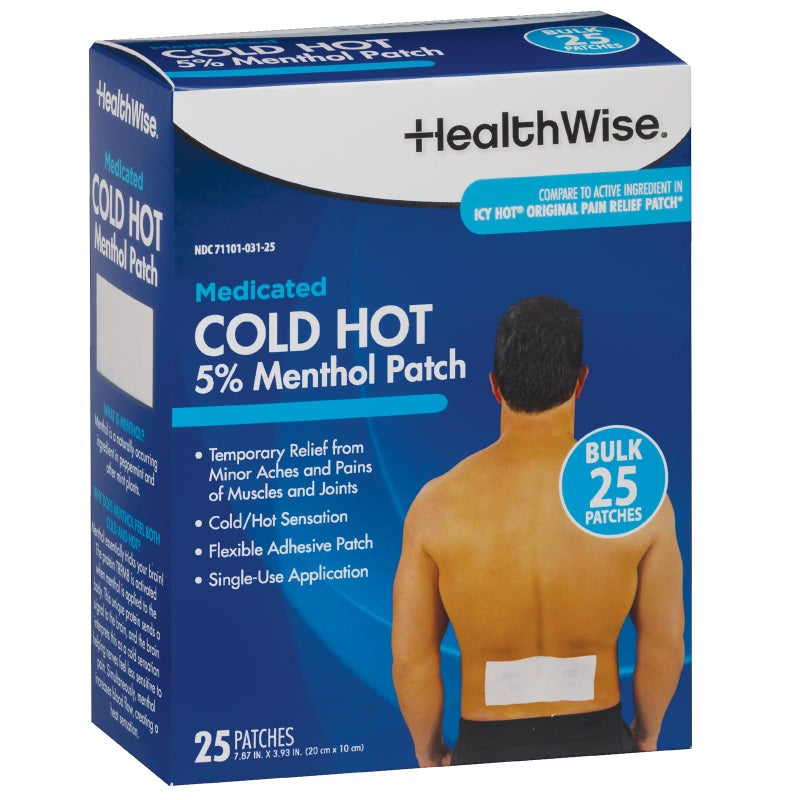 HealthWise Cold Hot Medicated Menthol Patch | 5% Menthol | Back and Large Areas | 7.87â€ x 3.93â€ | 25-Count | Paraben-Free | Soothes Minor Aches and Pains - Image 1