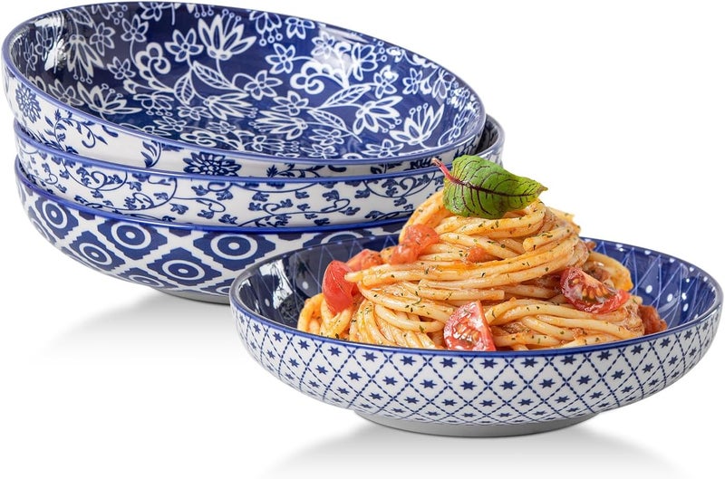 Cerkik Ceramic Pasta Bowls Set  32 OZ Porcelain Serving Soup Cereal Bowls 85 inch Wide and Shallow Salad Dinner Bowls  Microwave Dishwasher Oven Safe  Set of 4  Vintage Blue - Image 1
