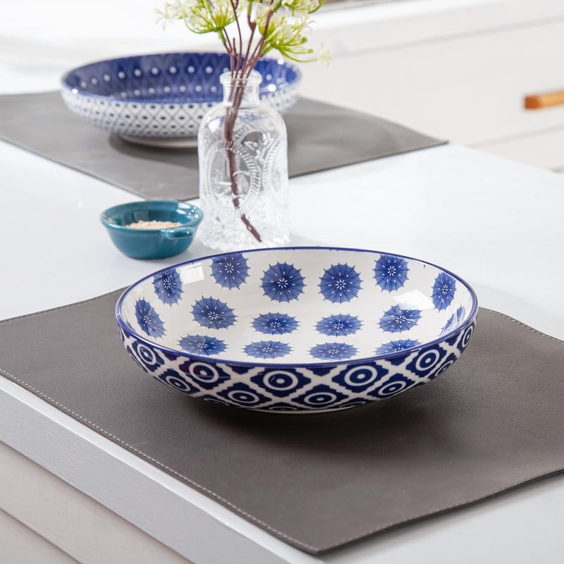 Cerkik Ceramic Pasta Bowls Set  32 OZ Porcelain Serving Soup Cereal Bowls 85 inch Wide and Shallow Salad Dinner Bowls  Microwave Dishwasher Oven Safe  Set of 4  Vintage Blue - Image 3