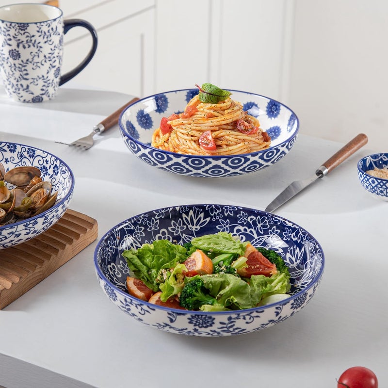 Cerkik Ceramic Pasta Bowls Set  32 OZ Porcelain Serving Soup Cereal Bowls 85 inch Wide and Shallow Salad Dinner Bowls  Microwave Dishwasher Oven Safe  Set of 4  Vintage Blue - Image 2