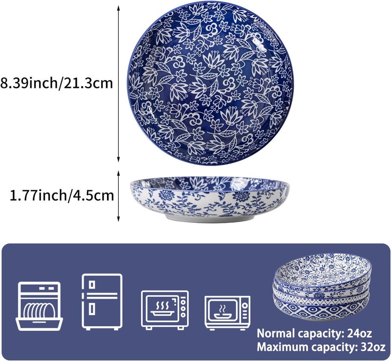 Cerkik Ceramic Pasta Bowls Set  32 OZ Porcelain Serving Soup Cereal Bowls 85 inch Wide and Shallow Salad Dinner Bowls  Microwave Dishwasher Oven Safe  Set of 4  Vintage Blue - Image 4