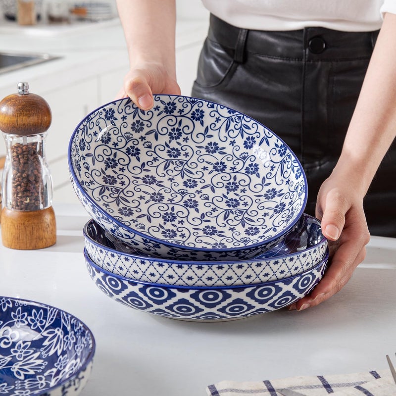 Cerkik Ceramic Pasta Bowls Set  32 OZ Porcelain Serving Soup Cereal Bowls 85 inch Wide and Shallow Salad Dinner Bowls  Microwave Dishwasher Oven Safe  Set of 4  Vintage Blue - Image 5