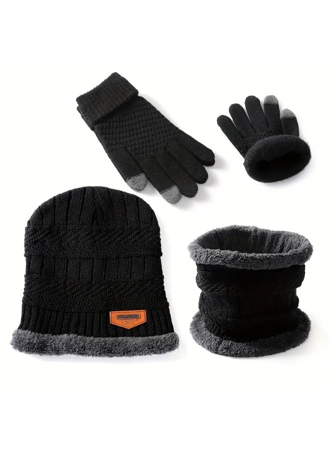 Lyaxm 3 Pcs Cuff Knit Hat & Neck Warmer & Gloves Set   Ear Protection Warm Hat Neck Cover Letter Patched Thermal Hat And Fleece Neck Warmer Scarf And Winter Full Finger Gloves For Women & Men - Image 1