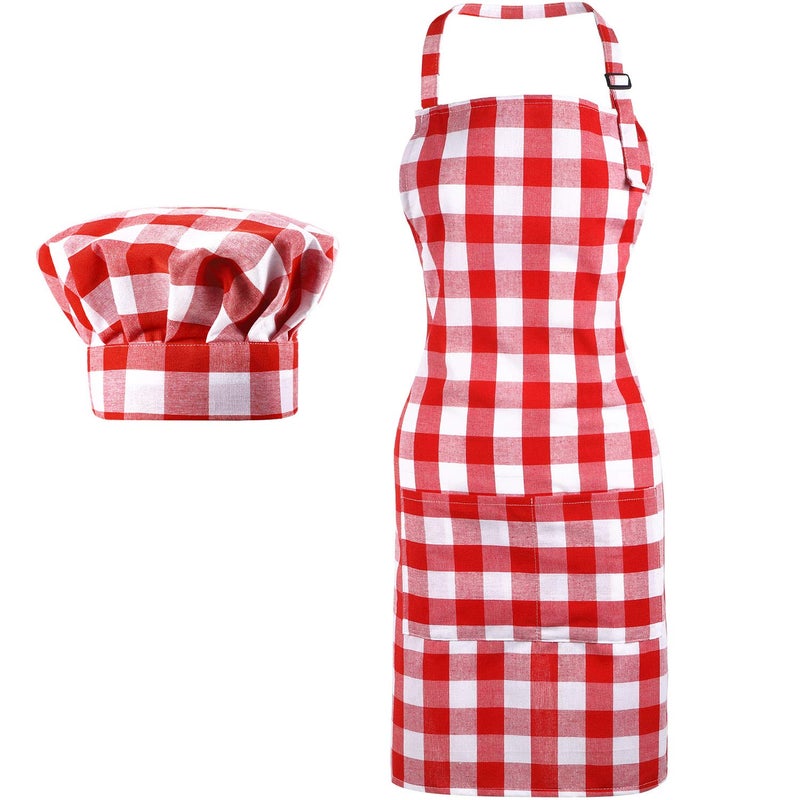 Satinior SATINIOR 2 Pcs Halloween Chef Costume Chef Hat Apron Set for Adult Baker Apron Hat Costume for Cosplay Party Gift(Red  White Plaid Style)  - Image 1