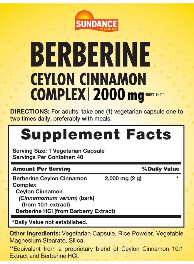 Sundance Berberine with Ceylon Cinnamon | 2000mg | 40 Capsules | Vegetarian, Non-GMO & Gluten Free Supplement - Image 2