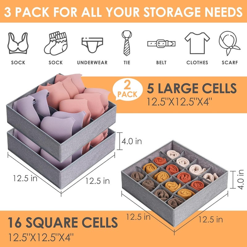 Criusia 3 Pack Bra Underwear Drawer Organizer Dividers, 26 Cell Fabric Foldable Dresser Closet Organizers and Storage Boxes for Baby Clothes, Bra, Socks, Underwear, Ties (5+5+16 Slots, Grey) - Image 2