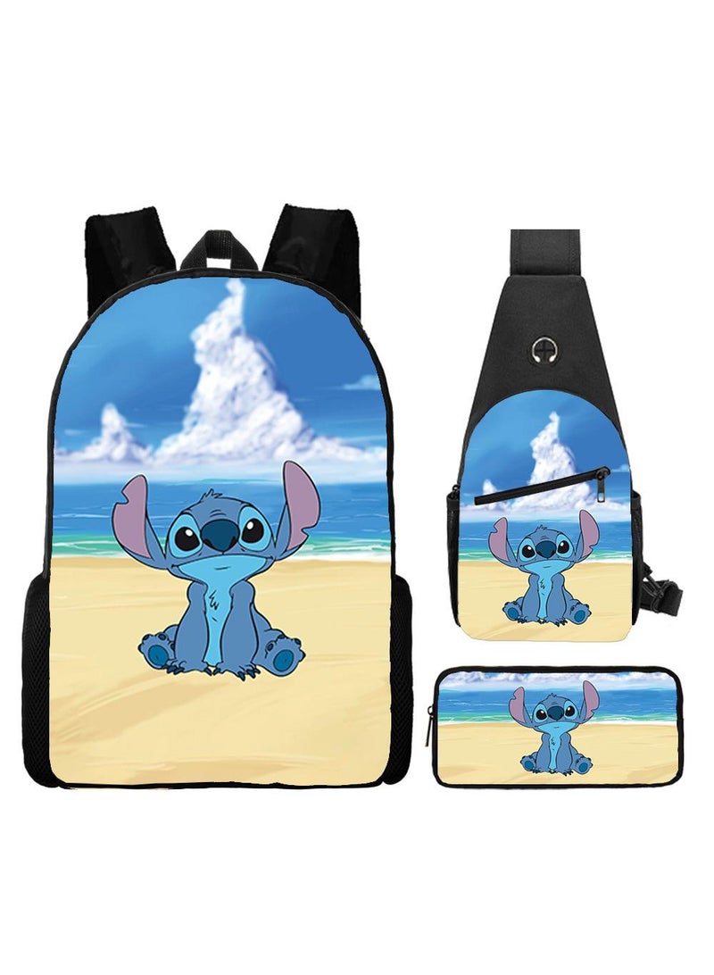 general 3-Piece Cartoon Stitch 3D Print Backpack Set - Image 1