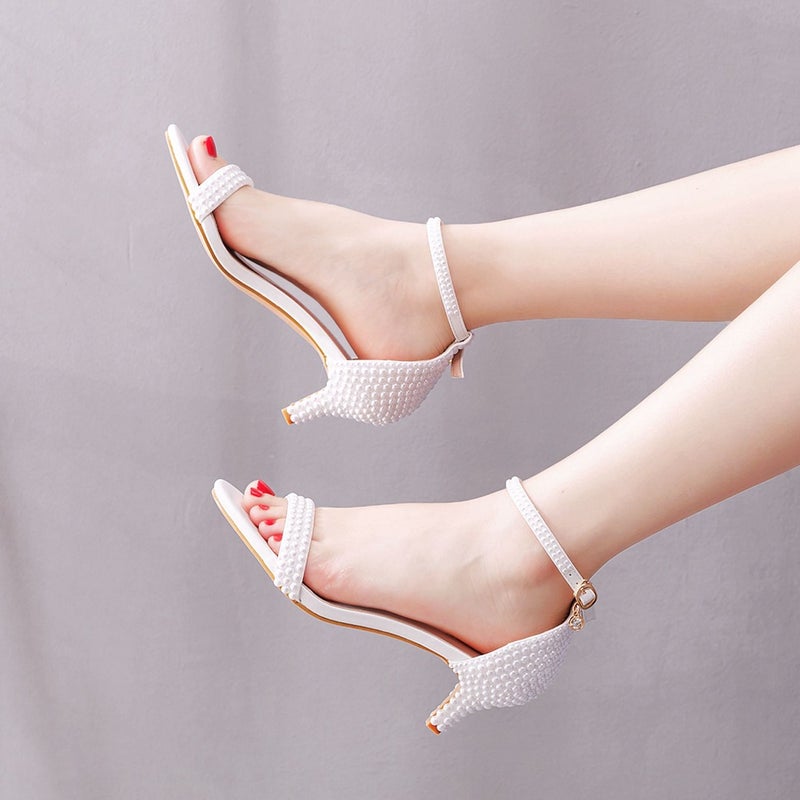 5Cm Shallow Mouth With Low Heel High Heel Sandals White Pearl Wedding Dress Bride Wedding Shoes - Image 3