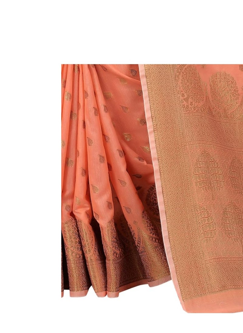 Accessorize Kingdom - Women's Cotton-Silk Blend Banarasi Saree with Golden Zari Tree Pattern Border and Rich Pallu, Includes Blouse Piece - Image 1