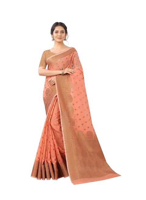 Women's Cotton-Silk Blend Banarasi Saree with Golden Zari Tree Pattern Border and Rich Pallu, Includes Blouse Piece