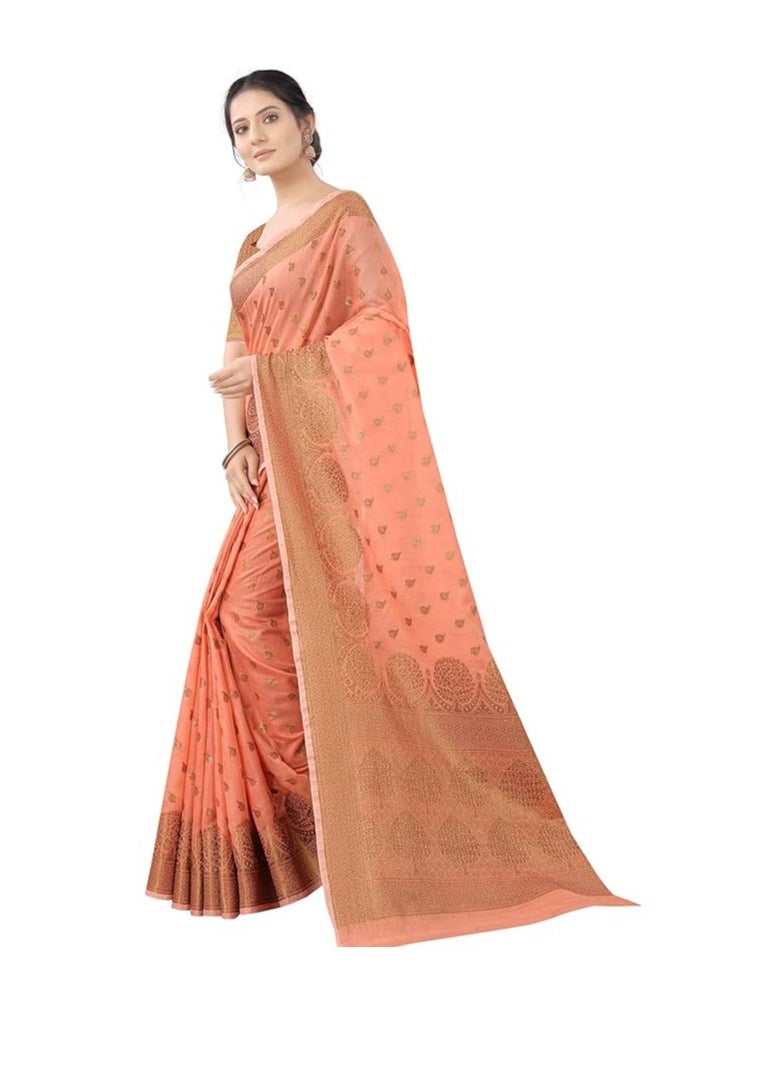 Accessorize Kingdom - Women's Cotton-Silk Blend Banarasi Saree with Golden Zari Tree Pattern Border and Rich Pallu, Includes Blouse Piece - Image 1