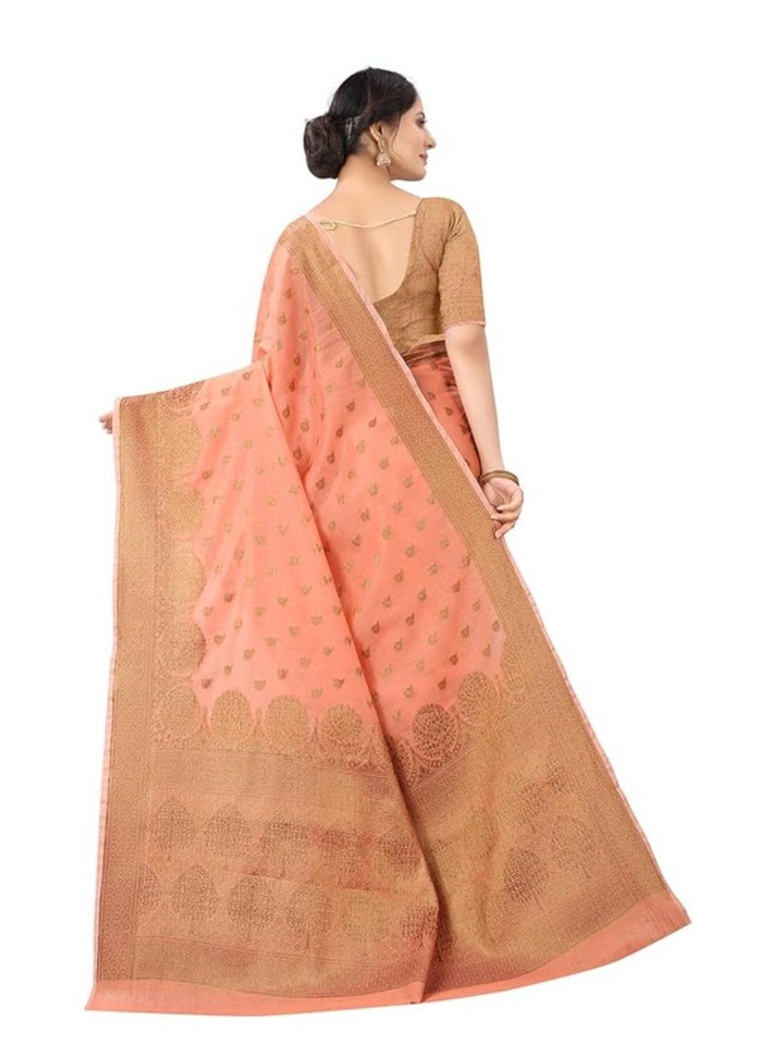 Accessorize Kingdom - Women's Cotton-Silk Blend Banarasi Saree with Golden Zari Tree Pattern Border and Rich Pallu, Includes Blouse Piece - Image 1