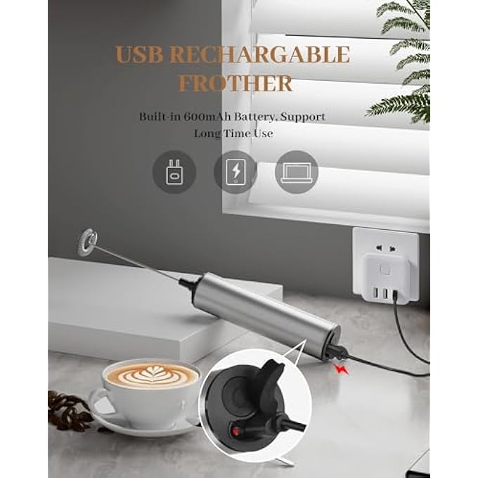 LBOYLOVE خلاط مشروبات كهربائي من الفولاذ المقاوم للصدأ، مزود بمنفذ USB قابل لإعادة الشحن، سرعتان، ورغوة غنية للقهوة واللاتيه والكابتشينو والماتشا وكريمة الشوكولاتة - Image 2