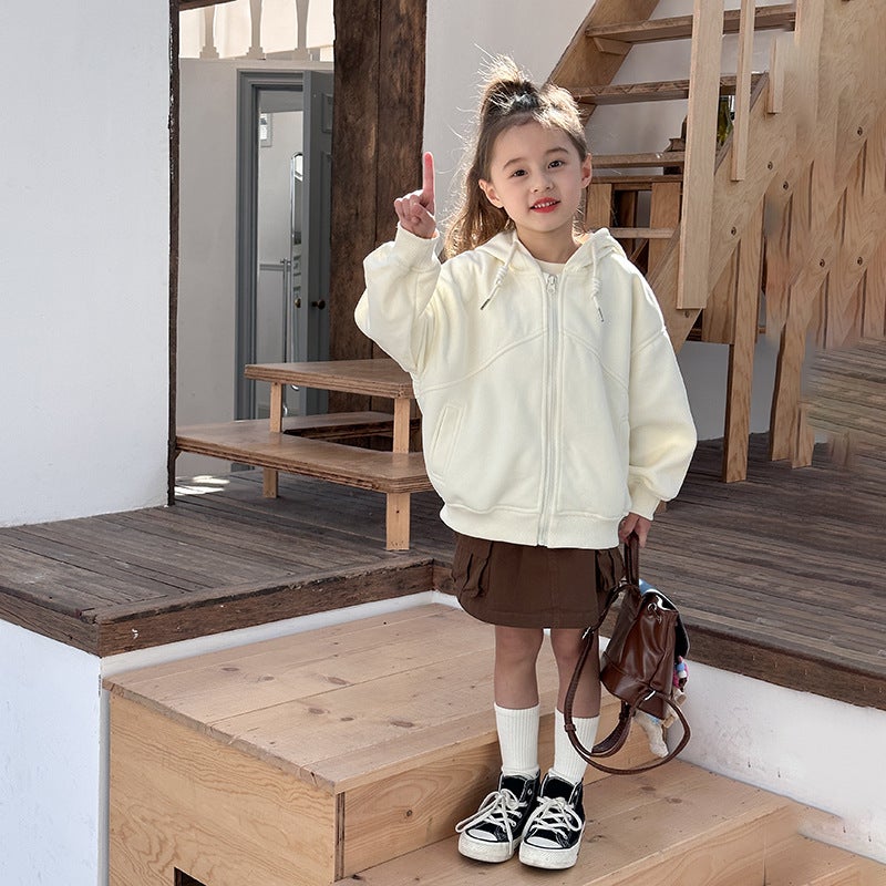 Kids Hooded Sweatshirt Jacket Spring 2024 Casual Solid Zip-Up Pink - Image 5