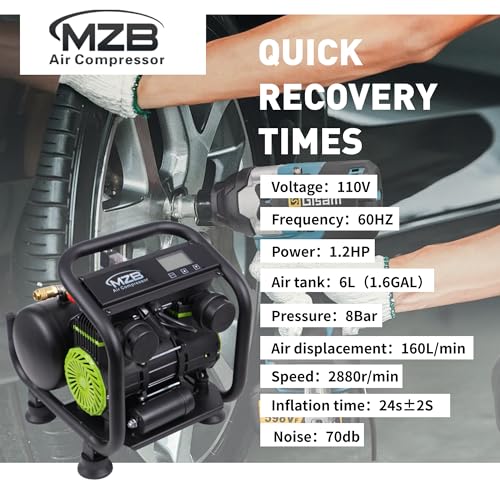MZB AIR COMPRESSOR MZB Ultra Quiet Air Compressor 110V/60Hz MAX 115PSI Steel Tanks Oil-Free 70dB Noise Level Air Compressor with Wheels for Spray Painting, Auto Repair, Carpentry Decoration (1.6 Gallon) - Image 5