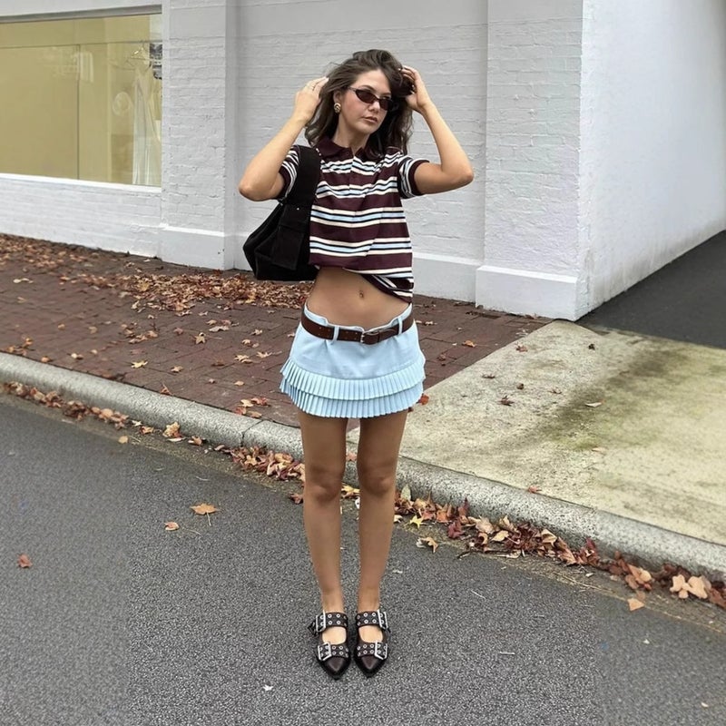 Bzlpolo Collar Striped Short Sleeve Explosion Retro Style Girl American Contrast Color T-Shirt - Image 4