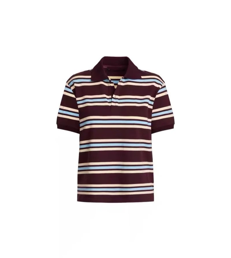 Bzlpolo Collar Striped Short Sleeve Explosion Retro Style Girl American Contrast Color T-Shirt - Image 1