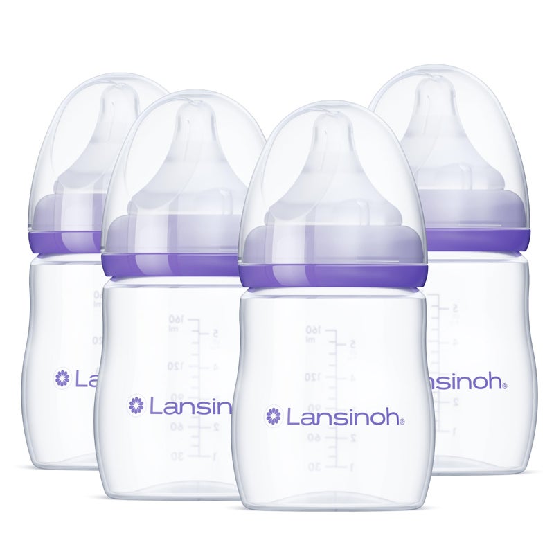 Lansinoh Anti-Colic Baby Bottles, BPA-Free Plastic, 5 Ounces, 4 Count, Extra Slow Flow Nipples (Size XS), Breastfeeding Bottle with NaturalWave Design - Image 1