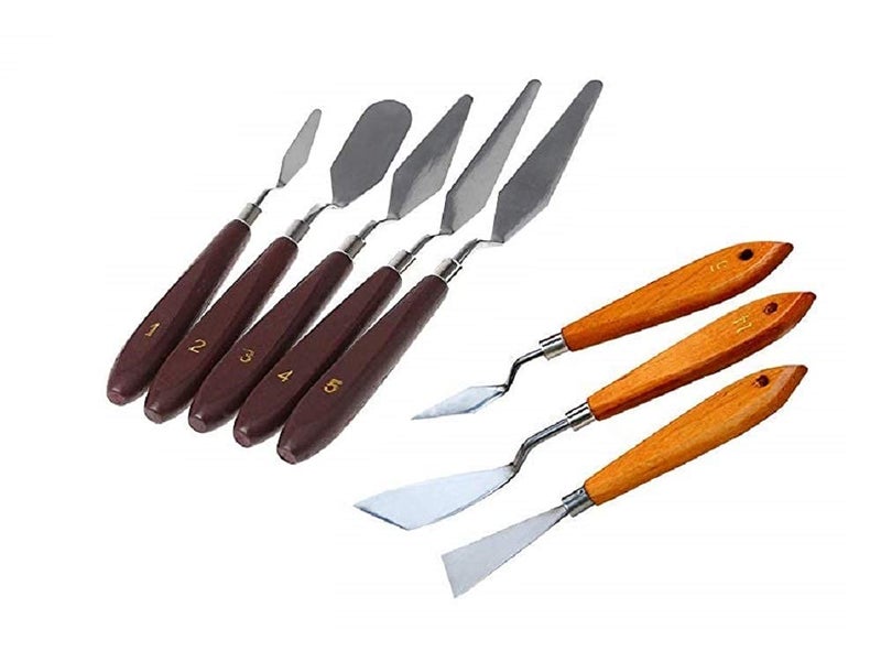 KANABEE 8pc Palette Knife Painting Spatula and Metalic Spatula Palette Knife Oil Paint Metalic Knives Metalic Wooden HandleThis Package has 2 Packets
