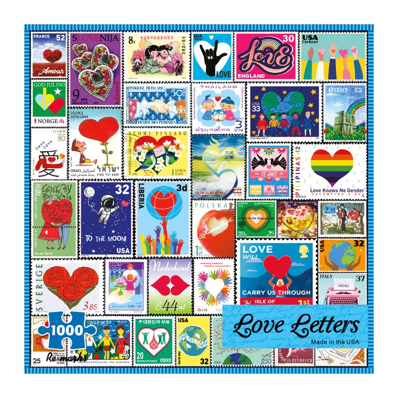 Re-marks Love Letters Stamps Collage Puzzle, 1000 Piece Puzzle for All Ages - Image 1