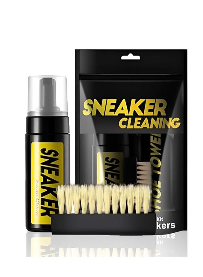 Plan A All-in-one Shoe Cleaning Kit, 150ml Water-Free Foam Cleaner for White Shoes and Sneakers with Shoe Brush and Towel, Cleaning Kit for Sneakers, Mesh Shoes, White Shoes and More