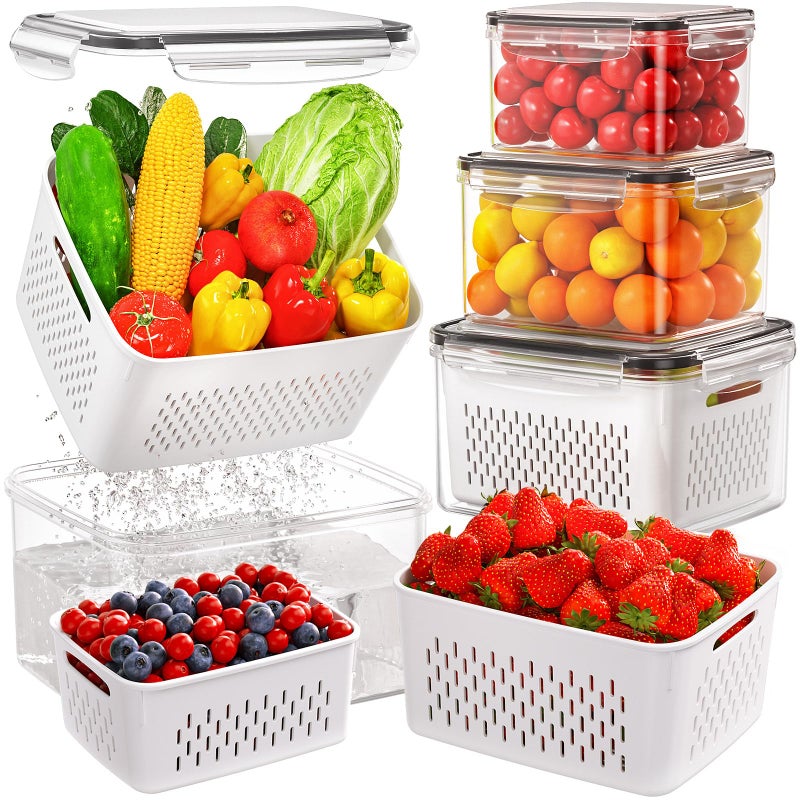 Winproper 4 PCS Fruit Storage Containers for Fridge, Produce Containers for Fridge with Removable Colander, All-In-One Fruit Washing Bowl with Strainer Microwave/Dishwasher Safe for Salad Berry Lettuce Keeper - Image 1