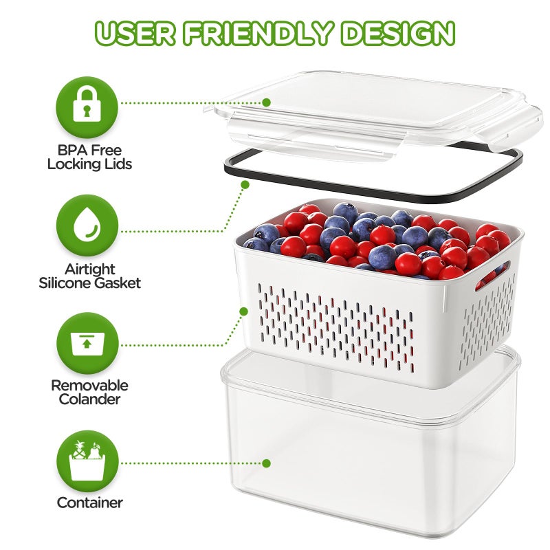 Winproper 4 PCS Fruit Storage Containers for Fridge, Produce Containers for Fridge with Removable Colander, All-In-One Fruit Washing Bowl with Strainer Microwave/Dishwasher Safe for Salad Berry Lettuce Keeper - Image 4