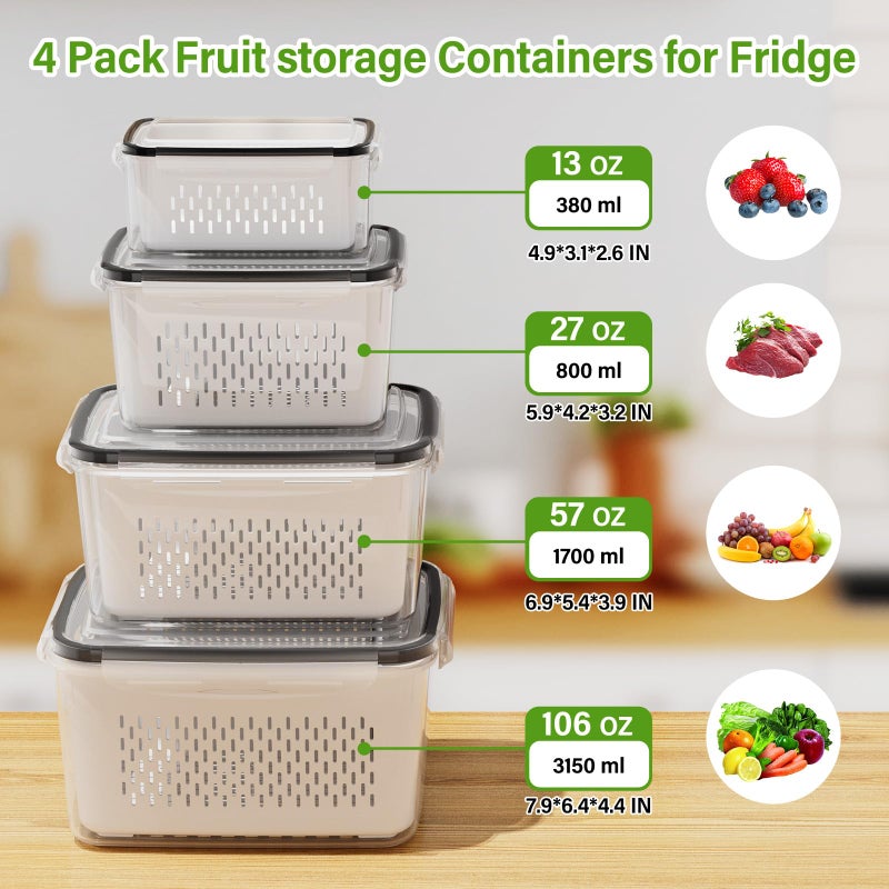 Winproper 4 PCS Fruit Storage Containers for Fridge, Produce Containers for Fridge with Removable Colander, All-In-One Fruit Washing Bowl with Strainer Microwave/Dishwasher Safe for Salad Berry Lettuce Keeper - Image 3