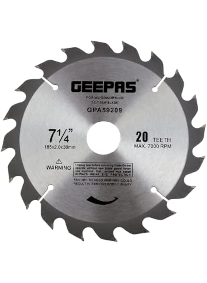 GEEPAS Professional Circular Saw Blade 185 Mm X 2 Mm X 30 Mm Size 20 Teeth Silver Black  - Image 1