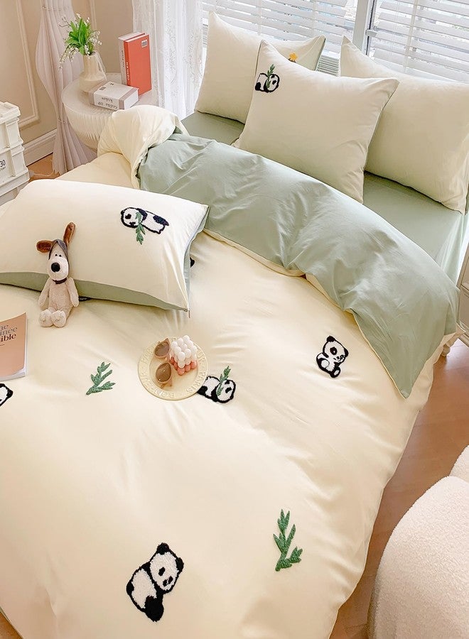 MorroMorn Queen Duvet Cover Cotton, 3D Embroidery Queen Bed Set Green, Chenille Embroidered Comforter Covers Blanket Soft Breathable Sweat-Absorbent for Girls Boys Kids Teen (Panda, Full/Queen) - Image 1
