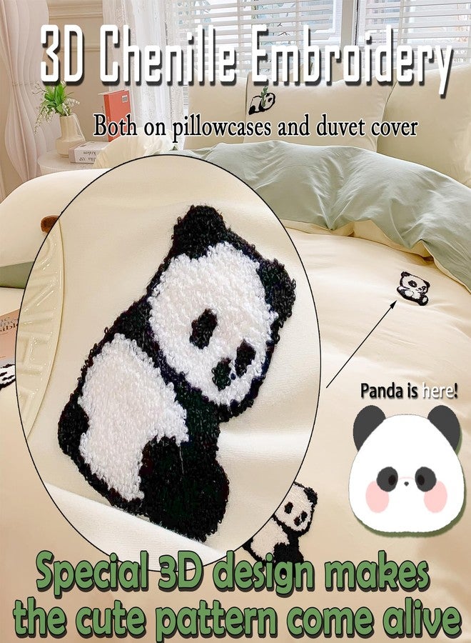 MorroMorn Queen Duvet Cover Cotton, 3D Embroidery Queen Bed Set Green, Chenille Embroidered Comforter Covers Blanket Soft Breathable Sweat-Absorbent for Girls Boys Kids Teen (Panda, Full/Queen) - Image 3