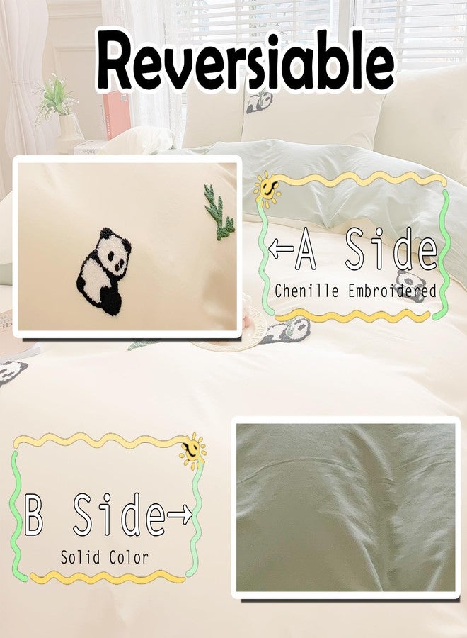 MorroMorn Queen Duvet Cover Cotton, 3D Embroidery Queen Bed Set Green, Chenille Embroidered Comforter Covers Blanket Soft Breathable Sweat-Absorbent for Girls Boys Kids Teen (Panda, Full/Queen) - Image 5
