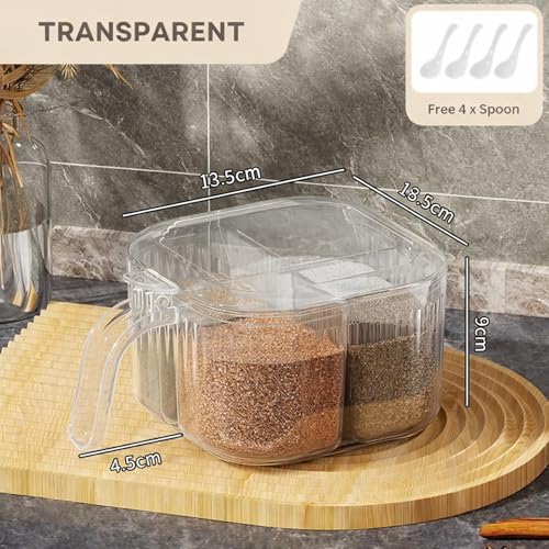 HoopVool 4-Compartment Clear Acrylic Spice Box with Spoon, Transparent Seasoning Box for Kitchen Countertop Storage Multipurpose Spice Organizer for Salt, Sugar, Pepper, Herbs, and More (Transparent) - Image 2
